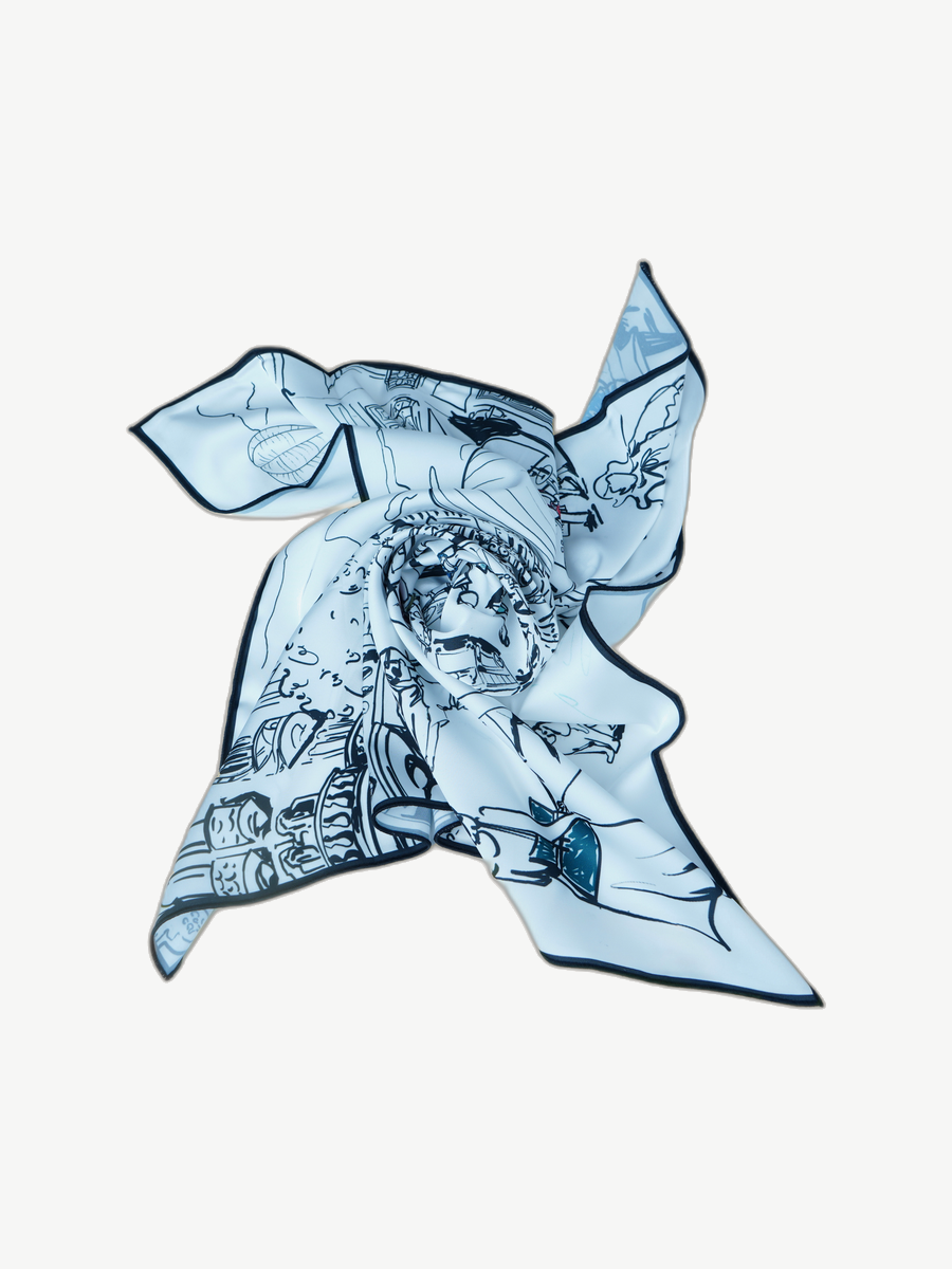 Ache Barcelona Sketch printed scarf, navy trim
